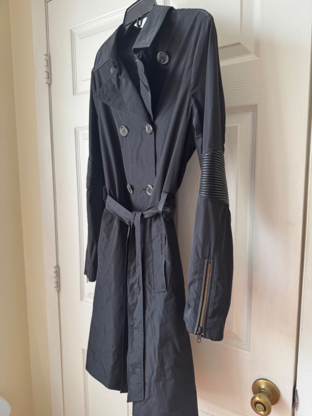 Mackage Women's Black Trench Coat Size S/P Leather Ribbed Detail Belted Moto
